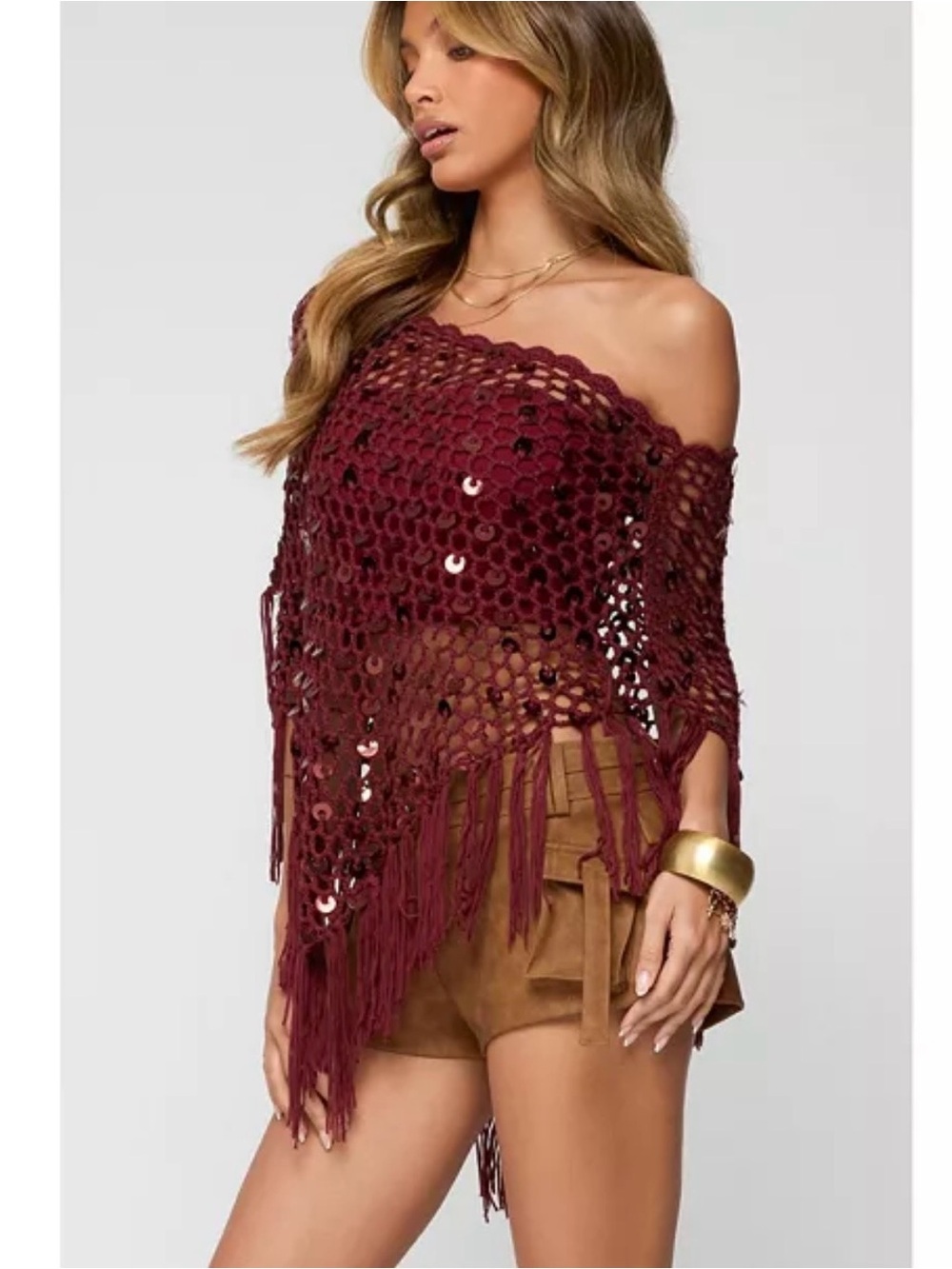 Edikted Off-Shoulder Crochet Sequin Fringe Poncho Sweater Cover Up Size Small